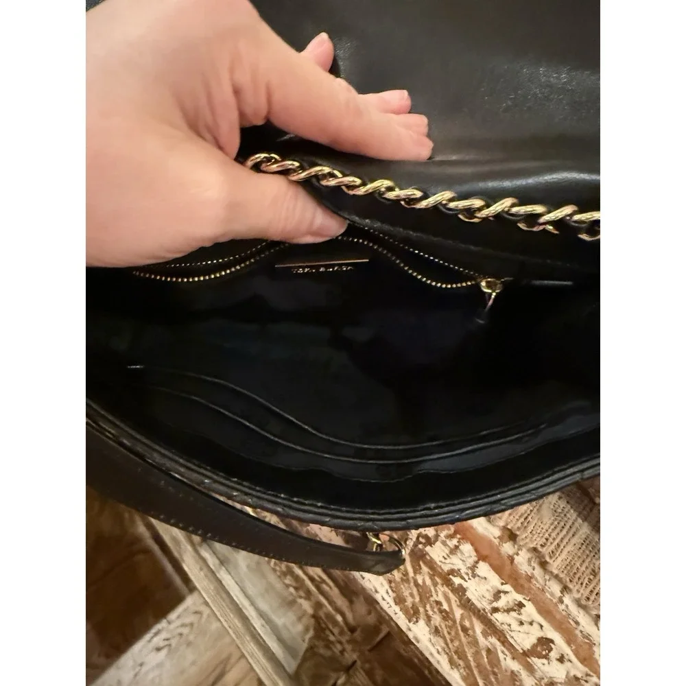 Tory Burch Fleming Black Leather Convertible Shoulder‎ Bag Quilted Tassel Large